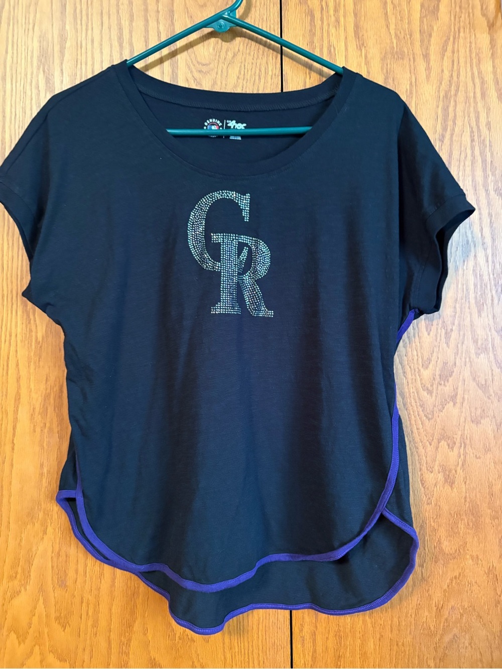 Black Short Sleeve Tee with Rhinestone CR Logo and Purple Trim